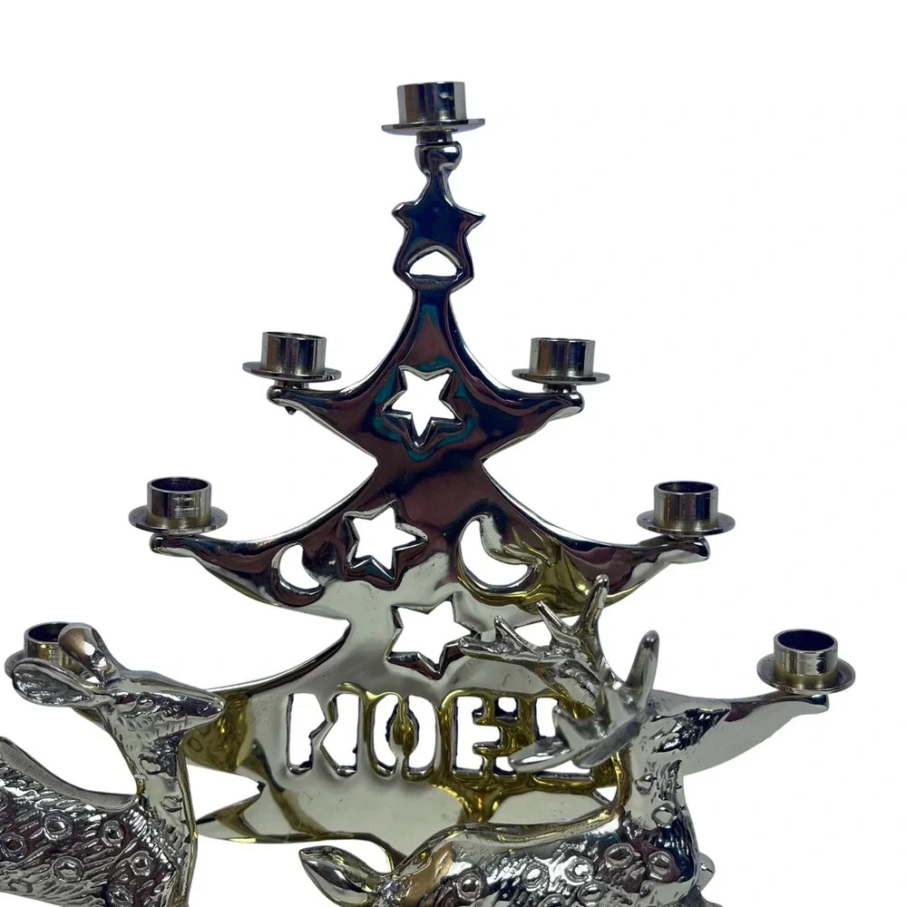 Vintage‎ Brass Christmas Tree Candelabra Reindeer Noel Candle Holder
